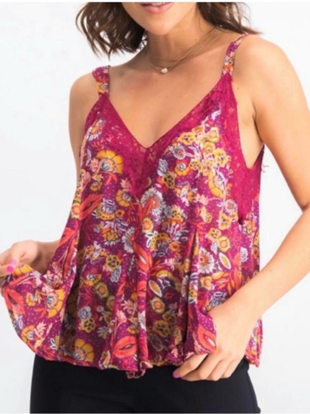 Free People Fuchsia Floral Lace-Trim Cami Top